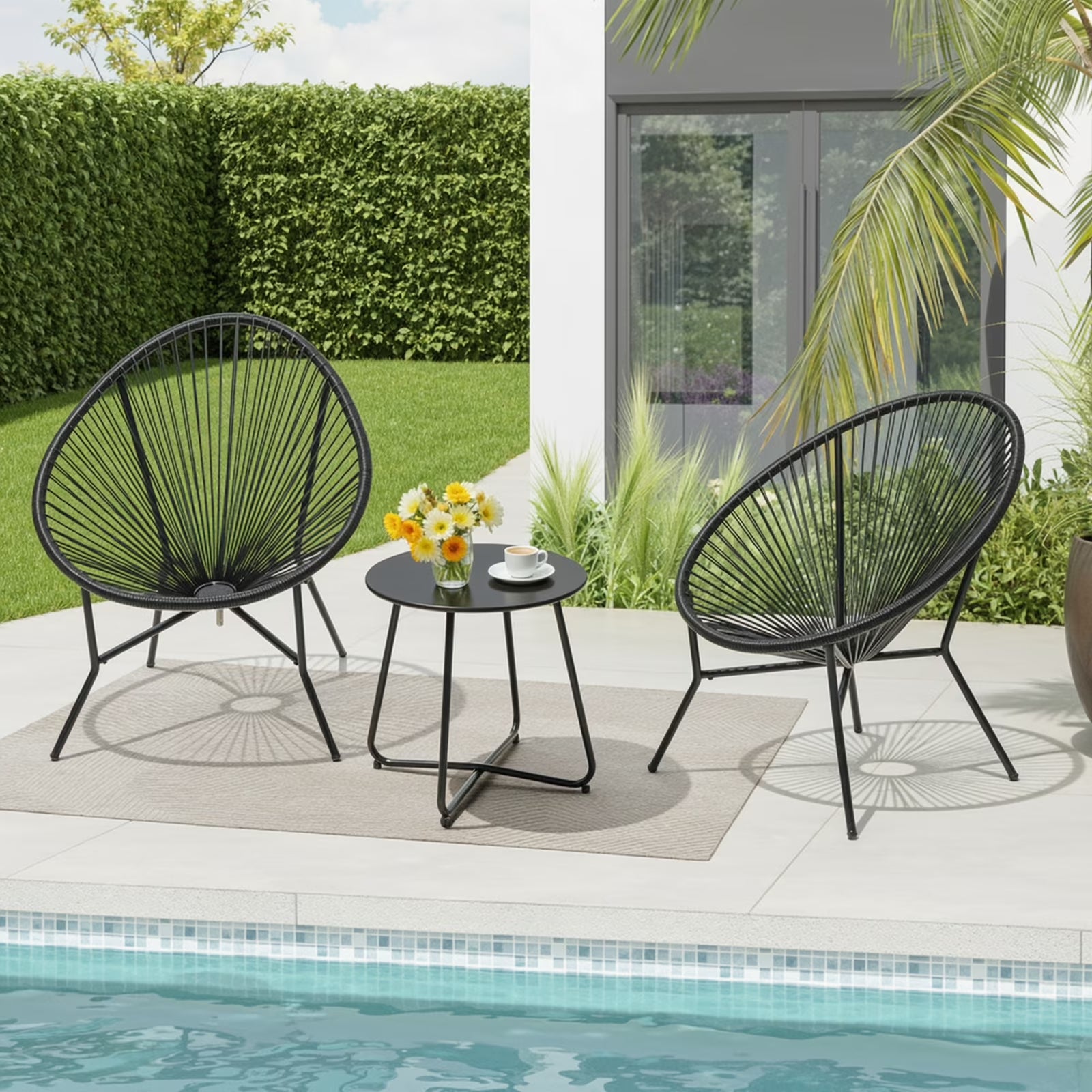 3 Piece Patio Acapulco Furniture Bistro Set, Outdoor Bistro Set Acapulco Chairs All-Weather Rattan Wicker Chairs with Plastic Rope and Coffee Table, Black
