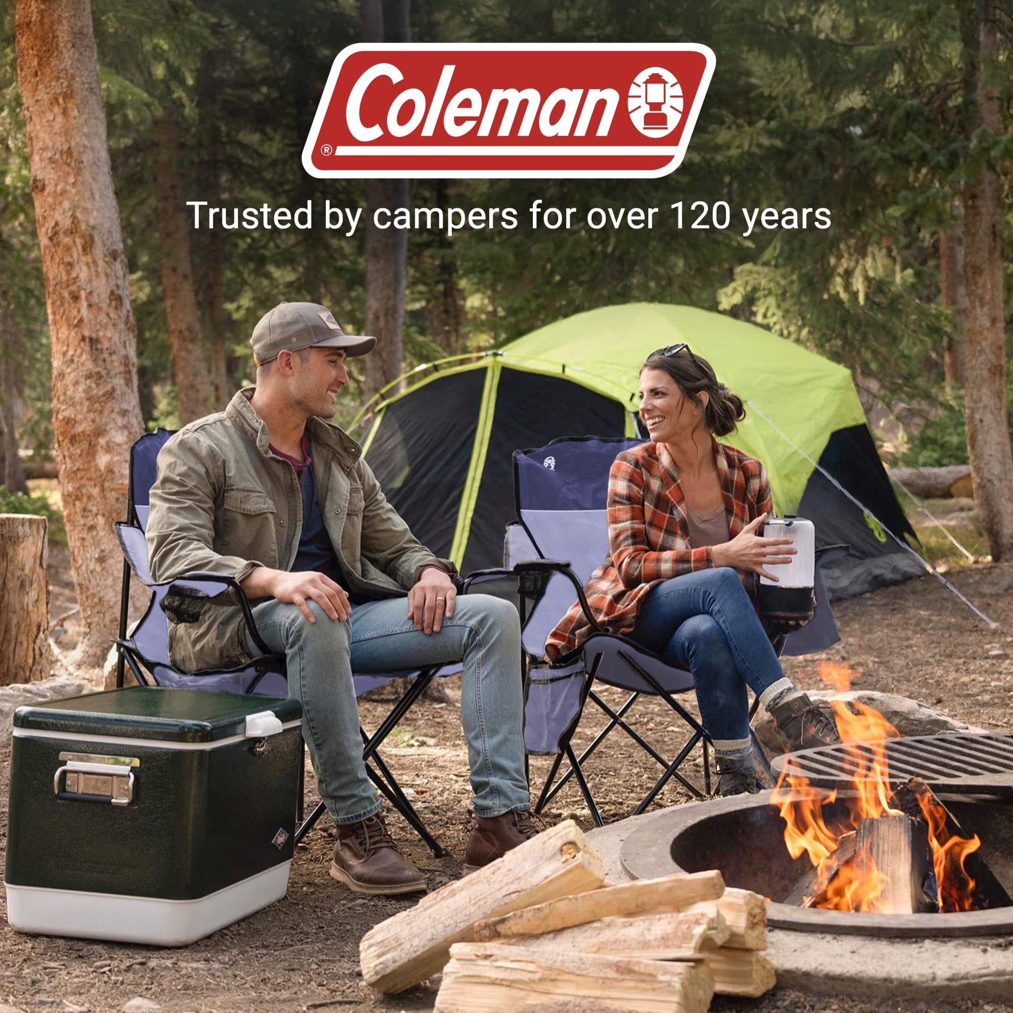 Portable Camping Chair with 4-Can Cooler, Cushioned Seat & Back with Side Pockets & Cup Holder, Carry Bag Included, Great for Camping, Tailgating, Firepits, Patio, & More