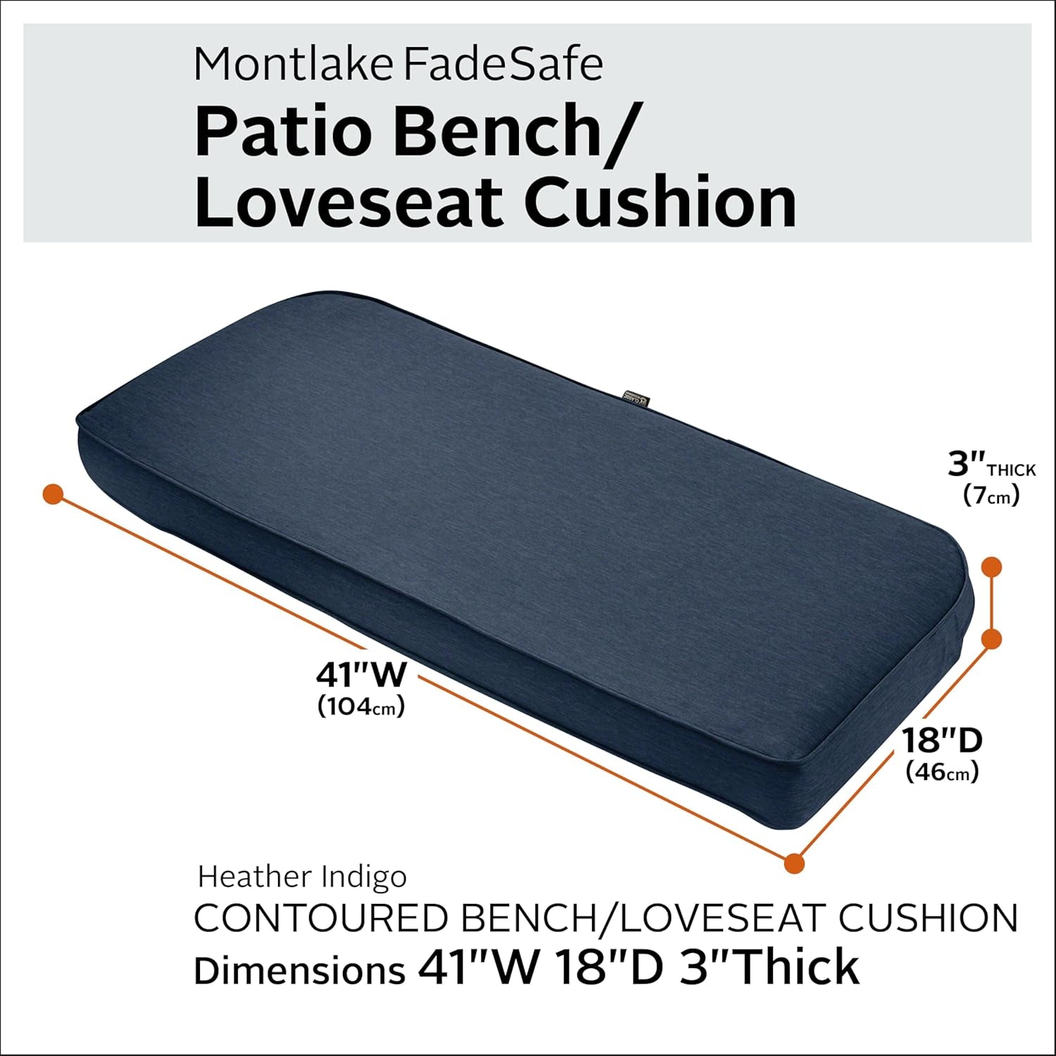 Montlake Fadesafe Water-Resistant 41 X 18 X 3 Inch Contoured Outdoor Bench Cushion, Heather Indigo