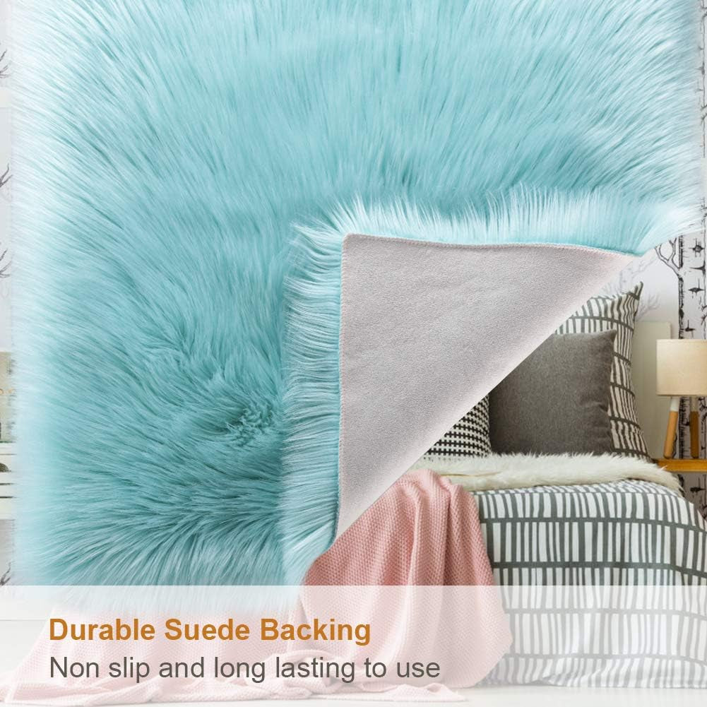Soft Fluffy Faux Fur Rugs for Bedroom Bedside Rug 2X4 Feet, Washable, Furry Sheepskin Area Rug for Living Room Girls Room, Luxury Shag Carpet Home Decor, Blue