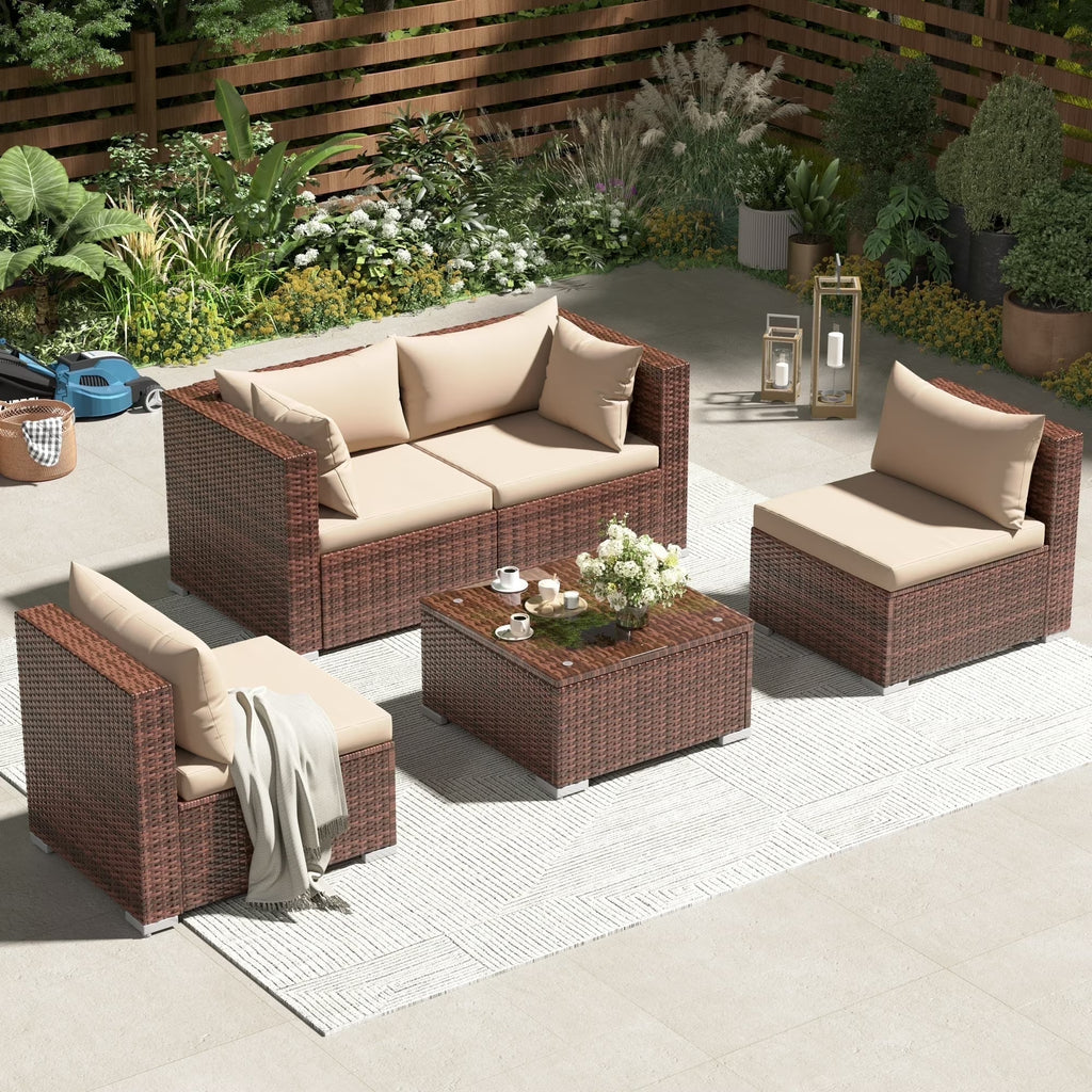 Patio Furniture Sets, Modular Rattan Outdoor Patio Sectional Furniture Sofa Set, Wicker Patio Conversation Set for Backyard,5Pcs