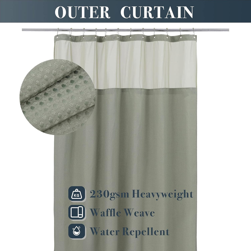 Waffle Weave Shower Curtain with Snap-In Fabric Liner & Hooks Set - Hotel Style, Waterproof & Washable, Heavyweight Fabric & Mesh Top Window - 71X72, Sage Green