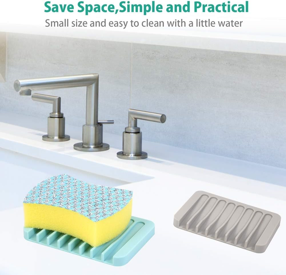 3PCS Self Draining Soap Holder, Premium Silicone Soap Dish, Soap Saver for Shower, Bathroom, Kitchen, Bath Tub, Sponges, Keep Soaps Bars Dry Clean, Easy Clean, Extend Soaps Life (Grey)