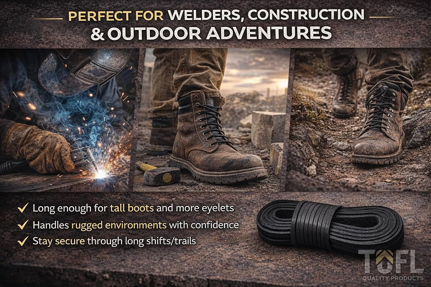 Leather Work Boot Laces - 72” | ⅛” Thick Cowhide | Shoelaces for Construction, Welding & Hiking Boots with 8-10 Eyelets