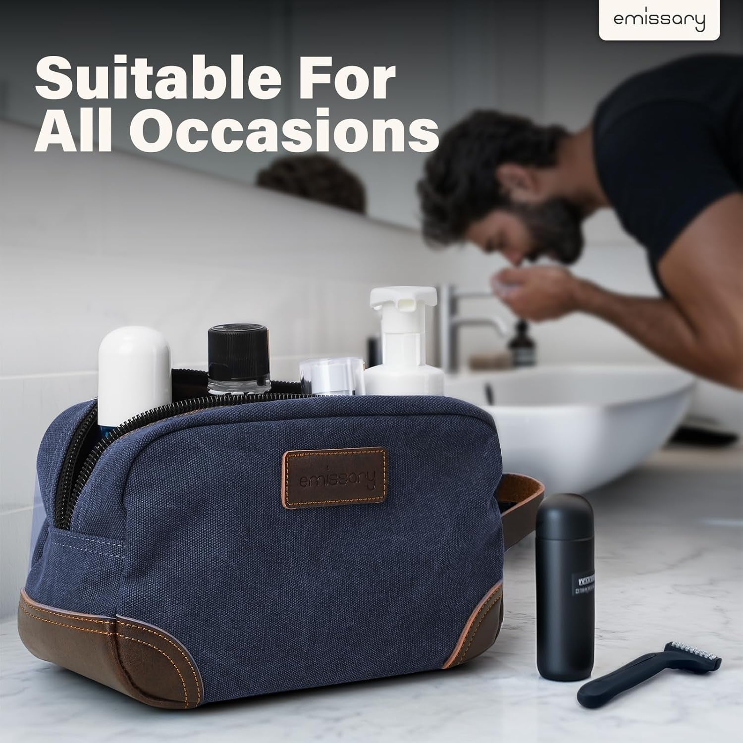 Men'S Toiletry Bag, Leather and Canvas Travel Toiletry Bag, Dopp Kit for Men, Travel Bathroom Bag Men'S Shaving Kit, Travel Kit Small Bags for Men, Shaving Bag for Travel Accessories (Blue)