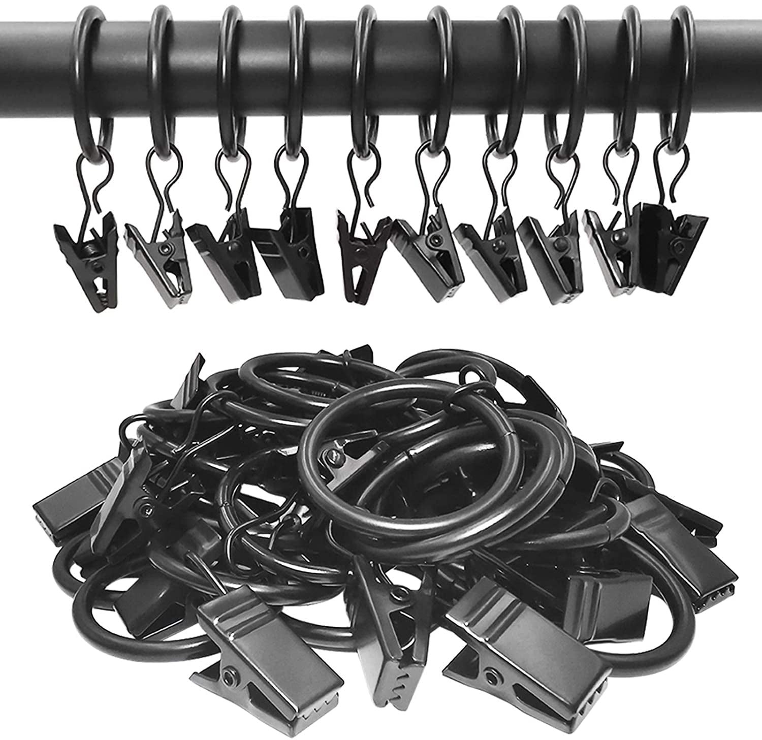44 Pack Metal Curtain Rings with Clips, Drapery Clips with Rings, Drapes Rings 1 Inch Inner Diameter, Fits Diameter 5/8 Inch Curtain Rods, Black