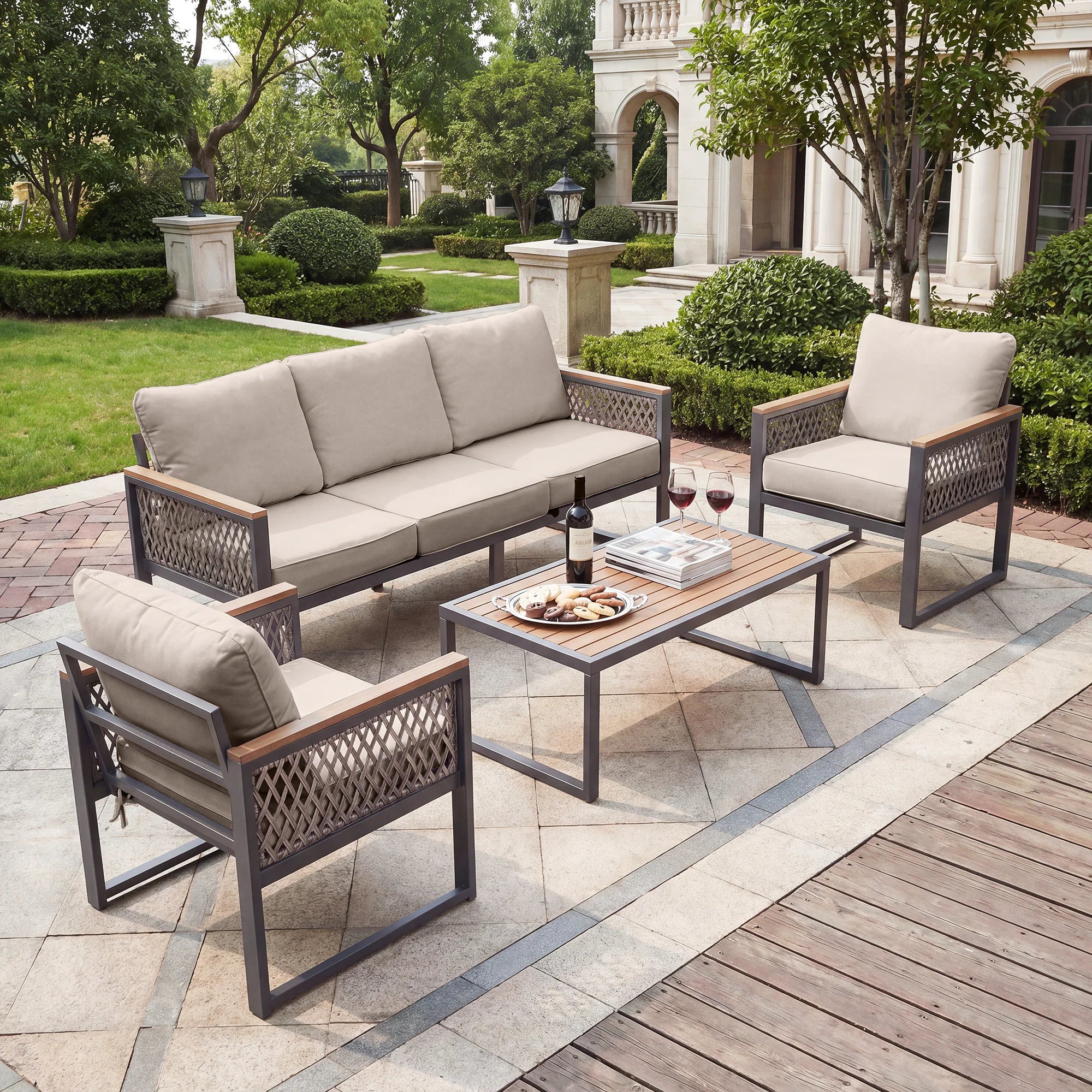 4 -Piece Patio Conversation Set with Blue Cushions
