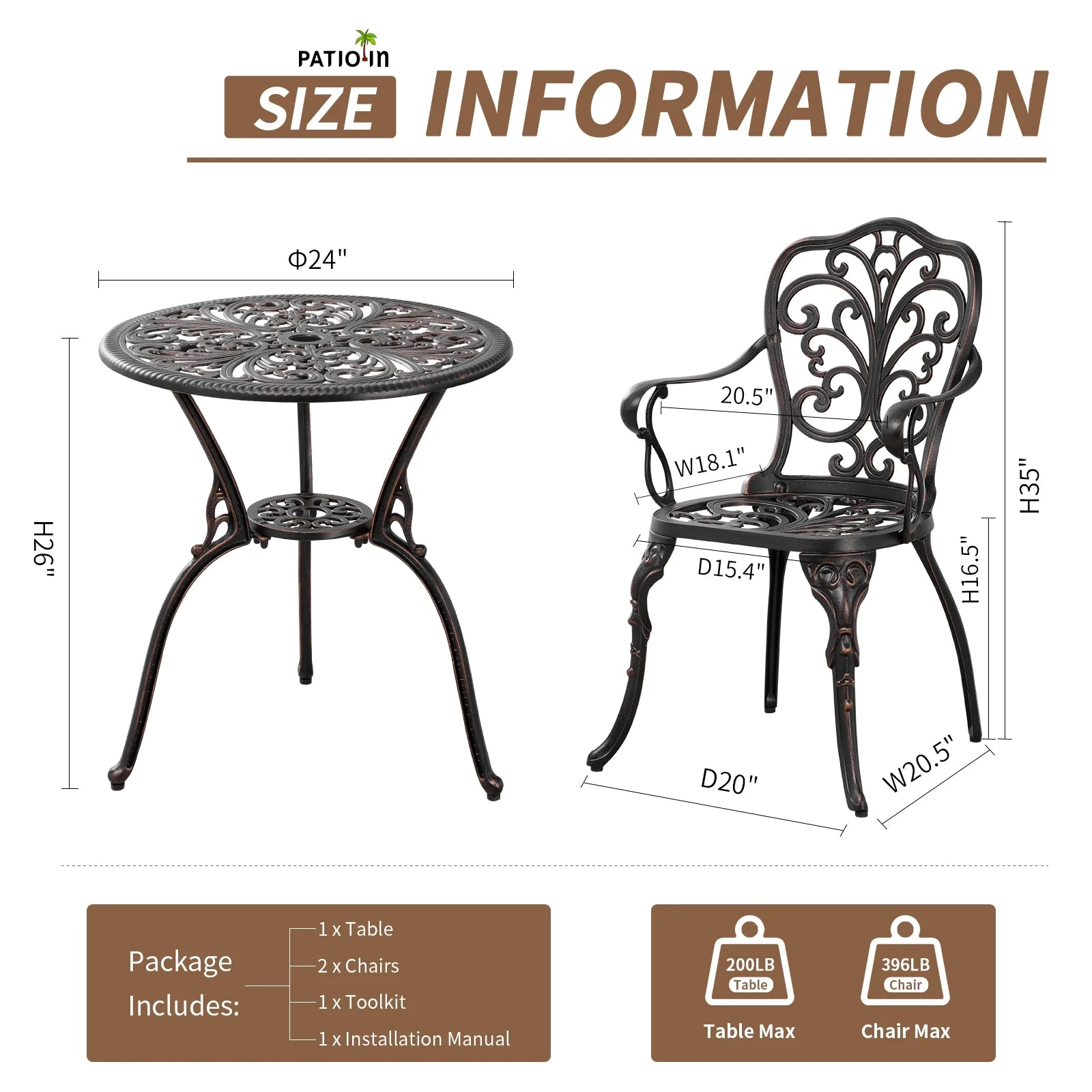 Outdoor Bistro Set 3 Piece Cast Aluminum Patio Bistro Sets Outdoor Patio Furniture Set for Garden,Bronze