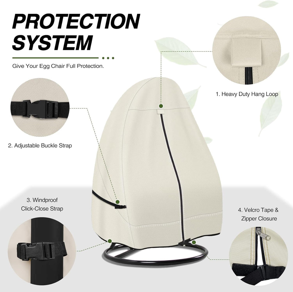 Patio Hanging Egg Chair Cover -600D Waterproof Outdoor Single Seat Wicker Swing Egg Chair with Stand Protector, Beige