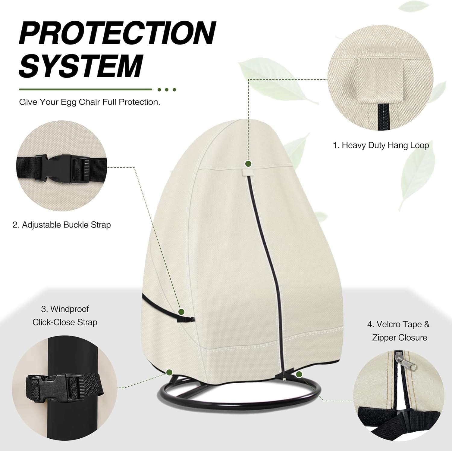 Patio Hanging Egg Chair Cover -600D Waterproof Outdoor Single Seat Wicker Swing Egg Chair with Stand Protector, Beige