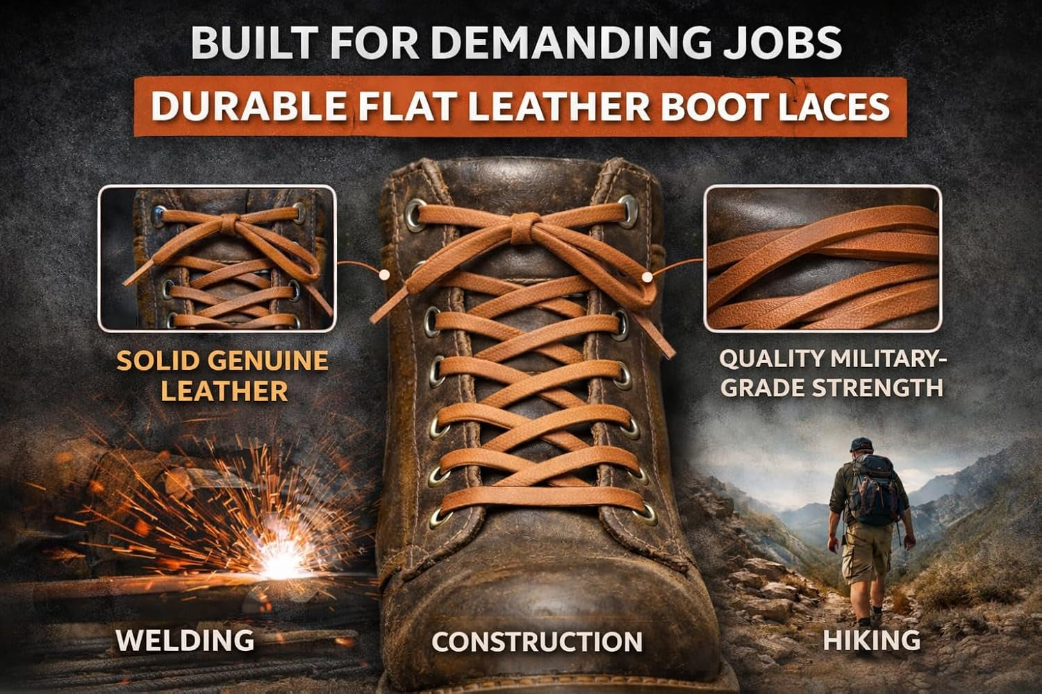 Leather Work Boot Laces - 72” | ⅛” Thick Cowhide | Shoelaces for Construction, Welding & Hiking Boots with 8-10 Eyelets