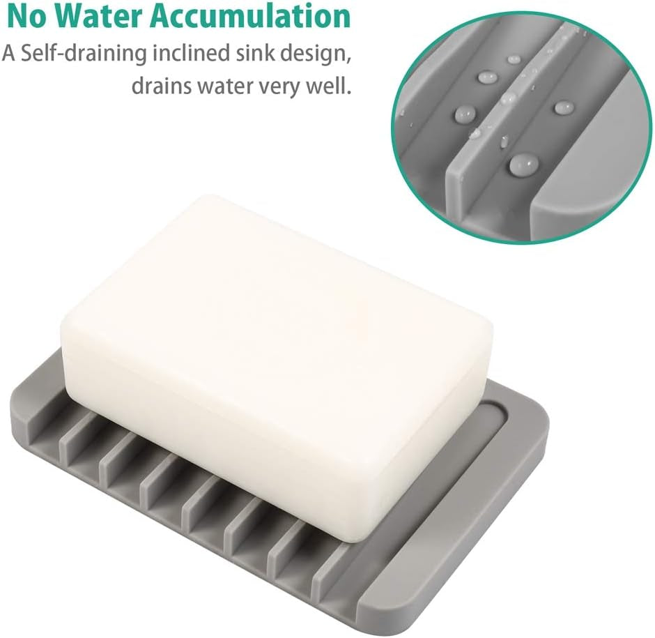 3PCS Self Draining Soap Holder, Premium Silicone Soap Dish, Soap Saver for Shower, Bathroom, Kitchen, Bath Tub, Sponges, Keep Soaps Bars Dry Clean, Easy Clean, Extend Soaps Life (Grey)