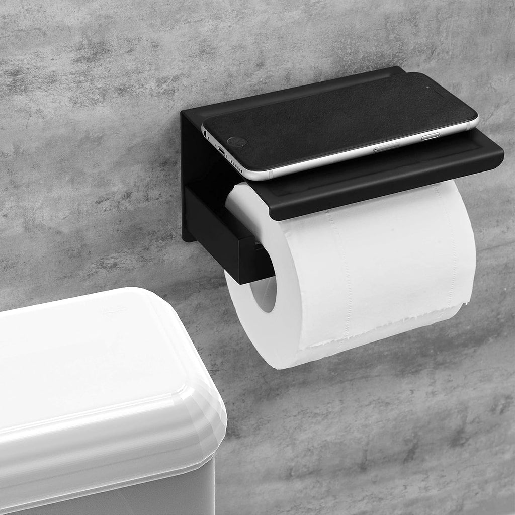 Toilet Paper Holder with Shelf, Stick on Matte Black Toilet Paper Roll Holder, Self Adhesive or Wall-Mount with Screws for Bathroom,Washroom
