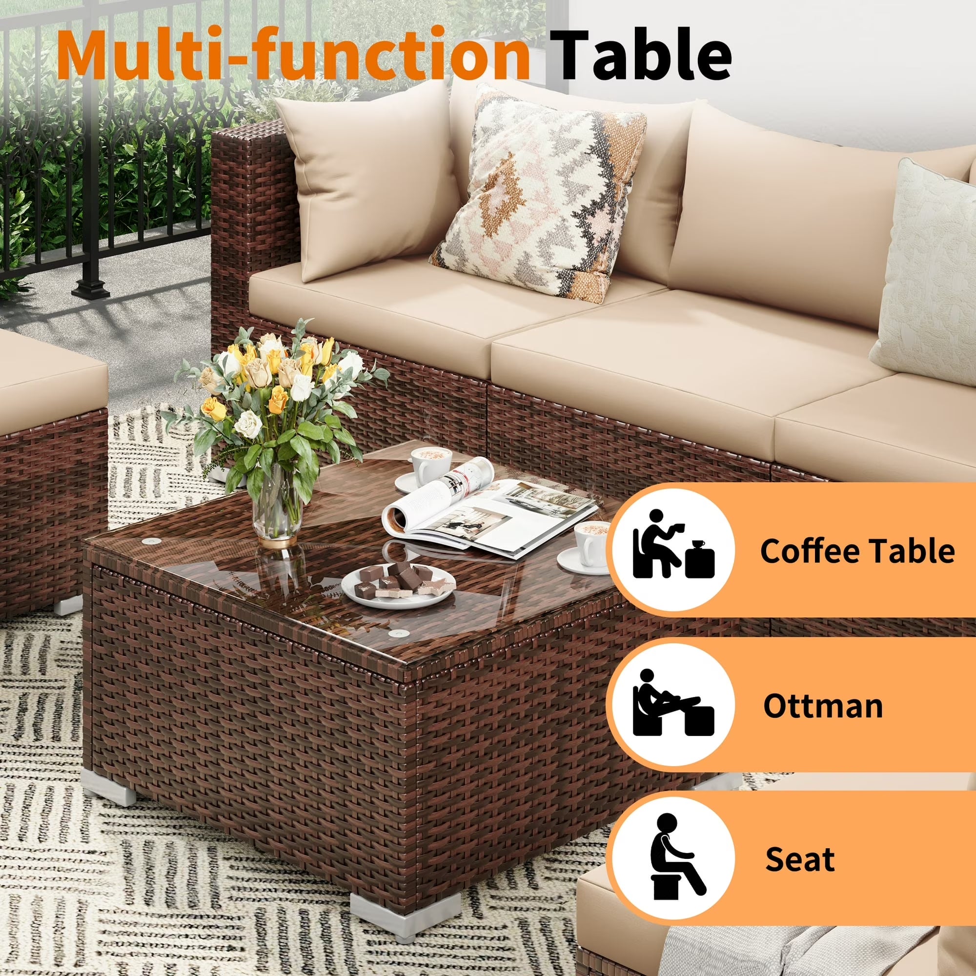 Patio Furniture Sets, Modular Rattan Outdoor Patio Sectional Furniture Sofa Set, Wicker Patio Conversation Set for Backyard,5Pcs