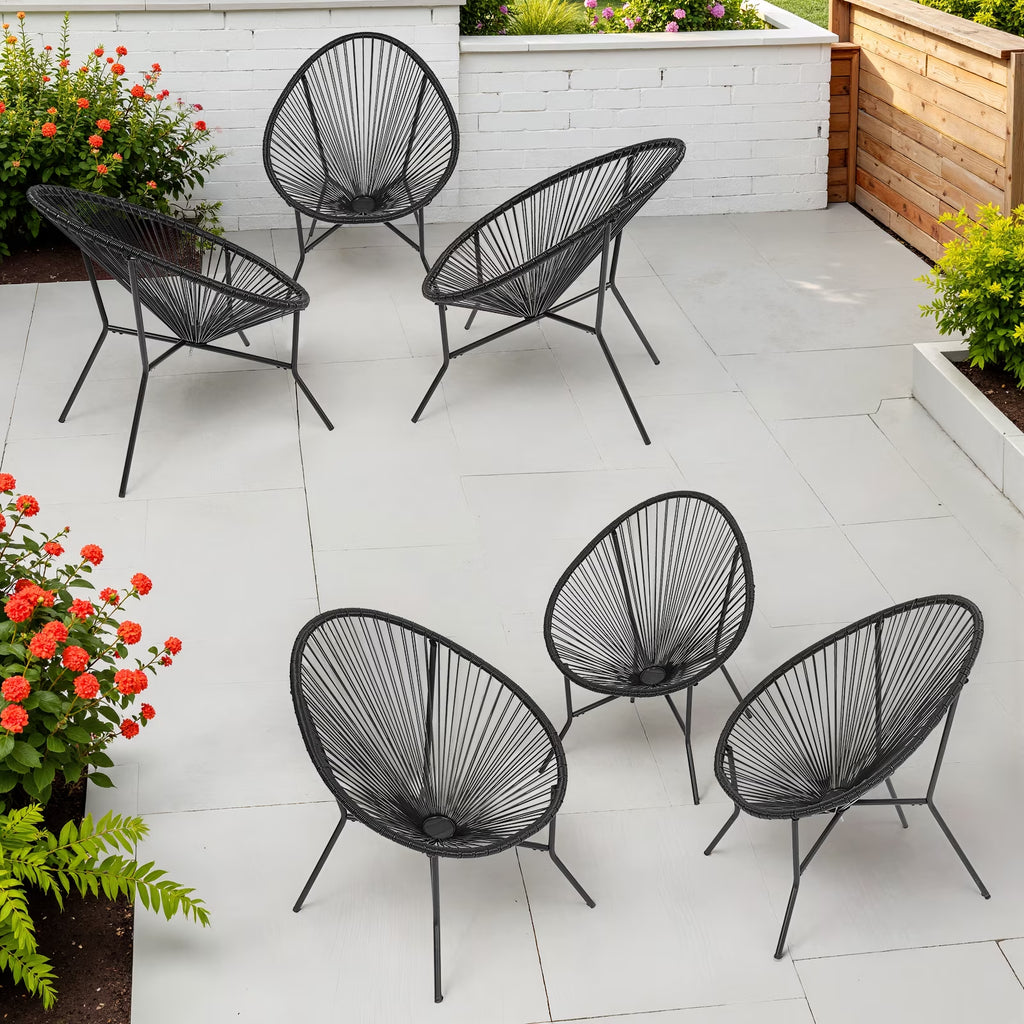 Acapulco Chair Set of 6, Outdoor Seating Patio Chairs Modern Wicker Bistro Chairs All-Weather Papasan Chair for Balcony Garden Backyard Porch Deck, Black