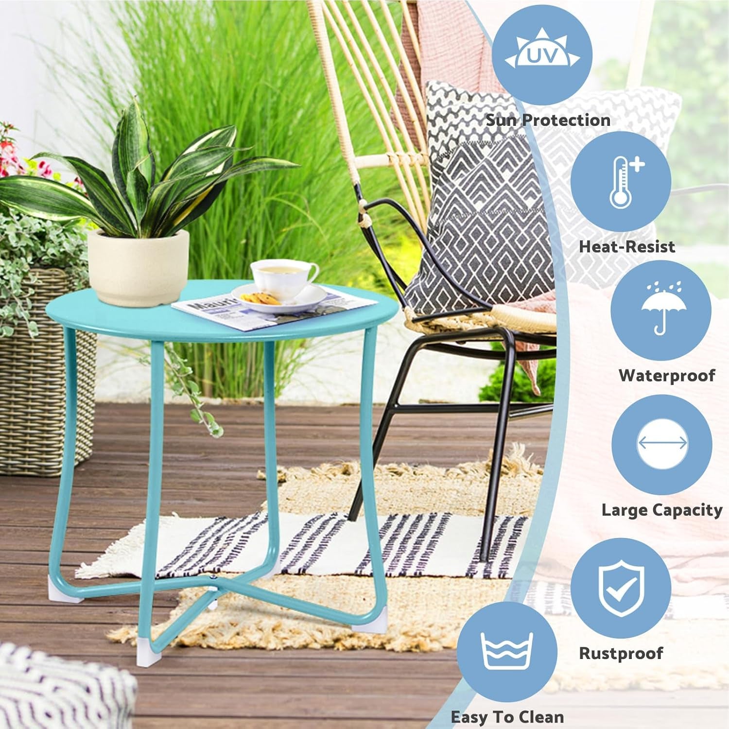 Amagabeli Patio Small Side Table Outdoor Waterproof round Metal Steel Weather Resistant Portable Indoor End Table for Garden Balcony Yard Bedside Mint Green