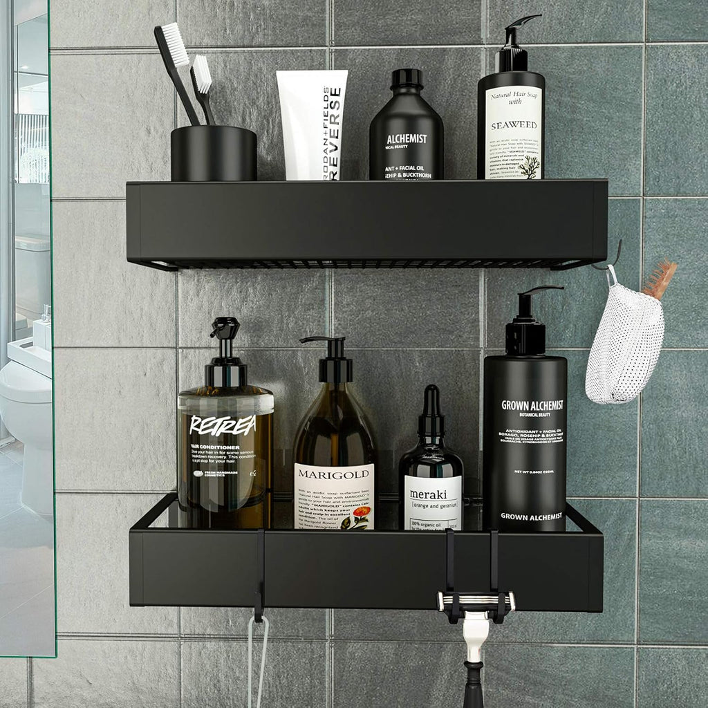 Shower Caddy, Adhesive Shower Organizer with Hooks, Shower Shelves for inside Shower, No Drilling Shower Rack Holder, Shower Storage for Bathroom, Kitchen Spice Rack-2 Pack Black