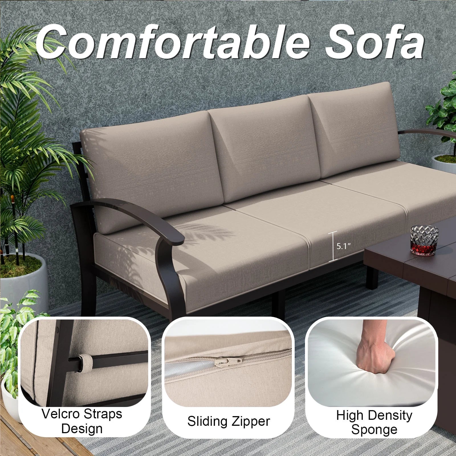 Aluminum 3-Seat Patio Furniture Set, Outdoor Patio Conversation Set with 5.1" Cushions for Patio Backyard Poolside, Sand