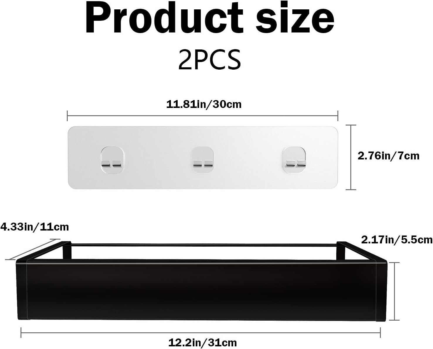 Shower Caddy, Adhesive Shower Organizer with Hooks, Shower Shelves for inside Shower, No Drilling Shower Rack Holder, Shower Storage for Bathroom, Kitchen Spice Rack-2 Pack Black