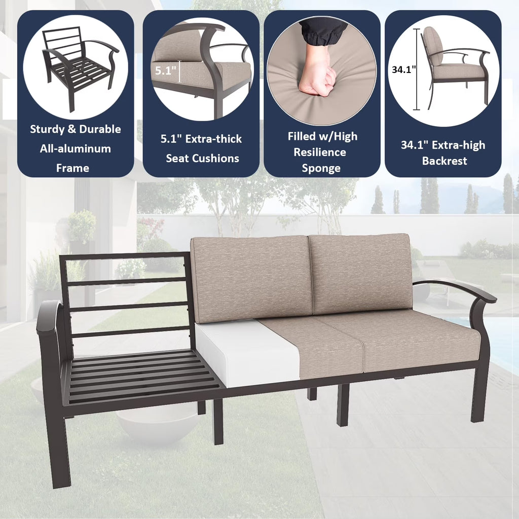 Aluminum 3-Seat Patio Furniture Set, Outdoor Patio Conversation Set with 5.1" Cushions for Patio Backyard Poolside, Sand
