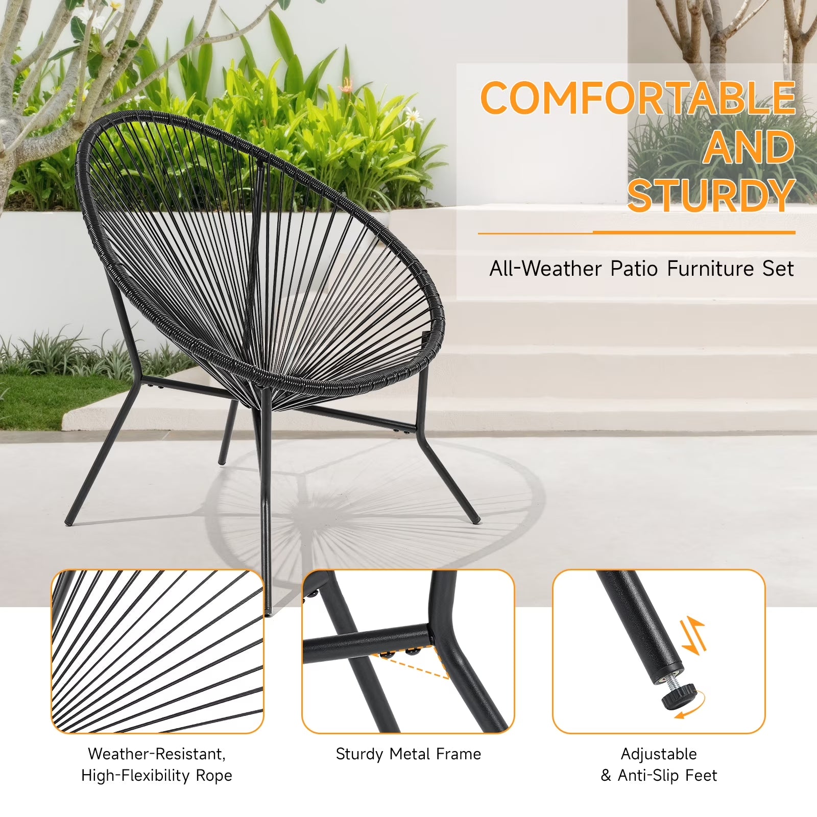 Acapulco Chair Set of 6, Outdoor Seating Patio Chairs Modern Wicker Bistro Chairs All-Weather Papasan Chair for Balcony Garden Backyard Porch Deck, Black