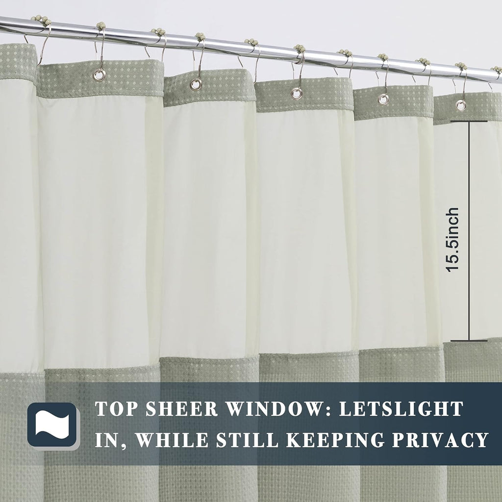Waffle Weave Shower Curtain with Snap-In Fabric Liner & Hooks Set - Hotel Style, Waterproof & Washable, Heavyweight Fabric & Mesh Top Window - 71X72, Sage Green