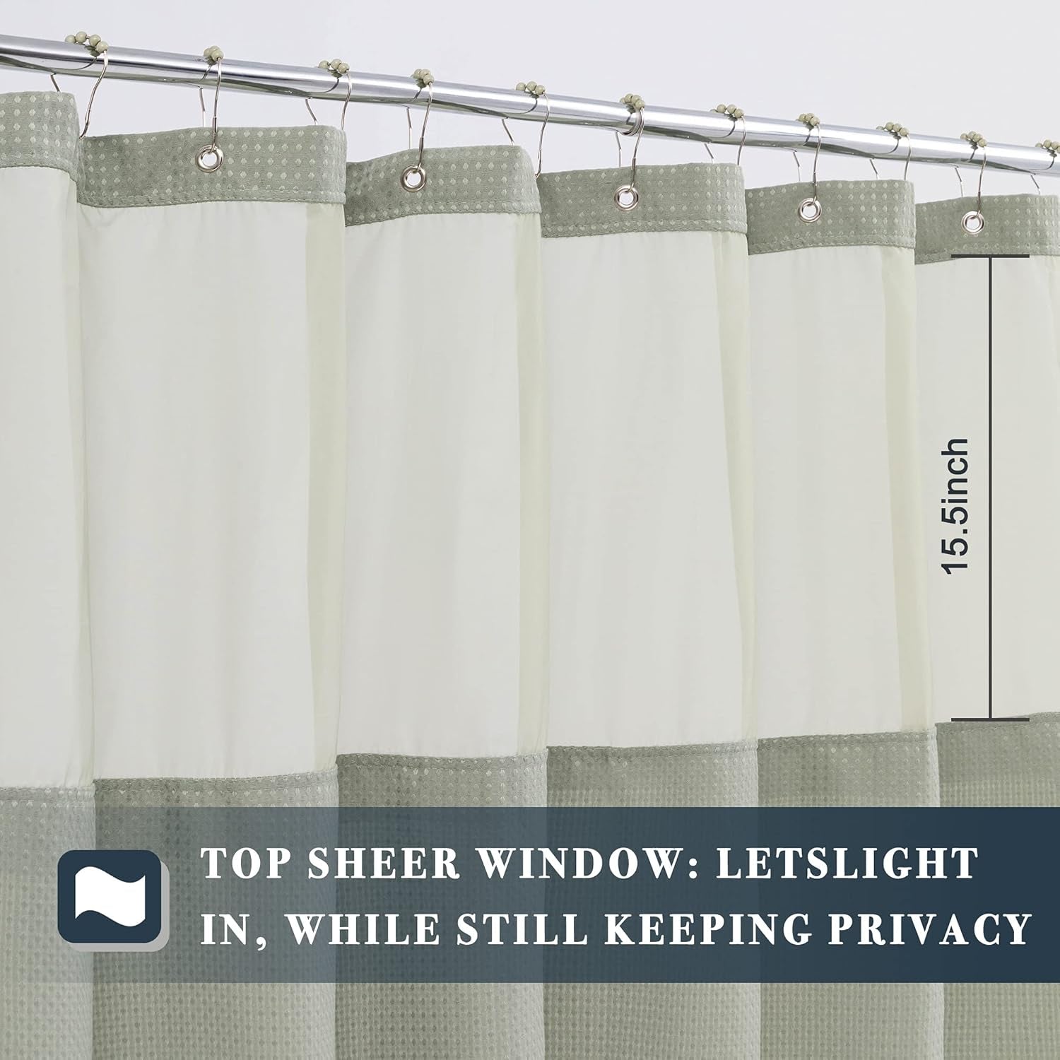 Waffle Weave Shower Curtain with Snap-In Fabric Liner & Hooks Set - Hotel Style, Waterproof & Washable, Heavyweight Fabric & Mesh Top Window - 71X72, Sage Green