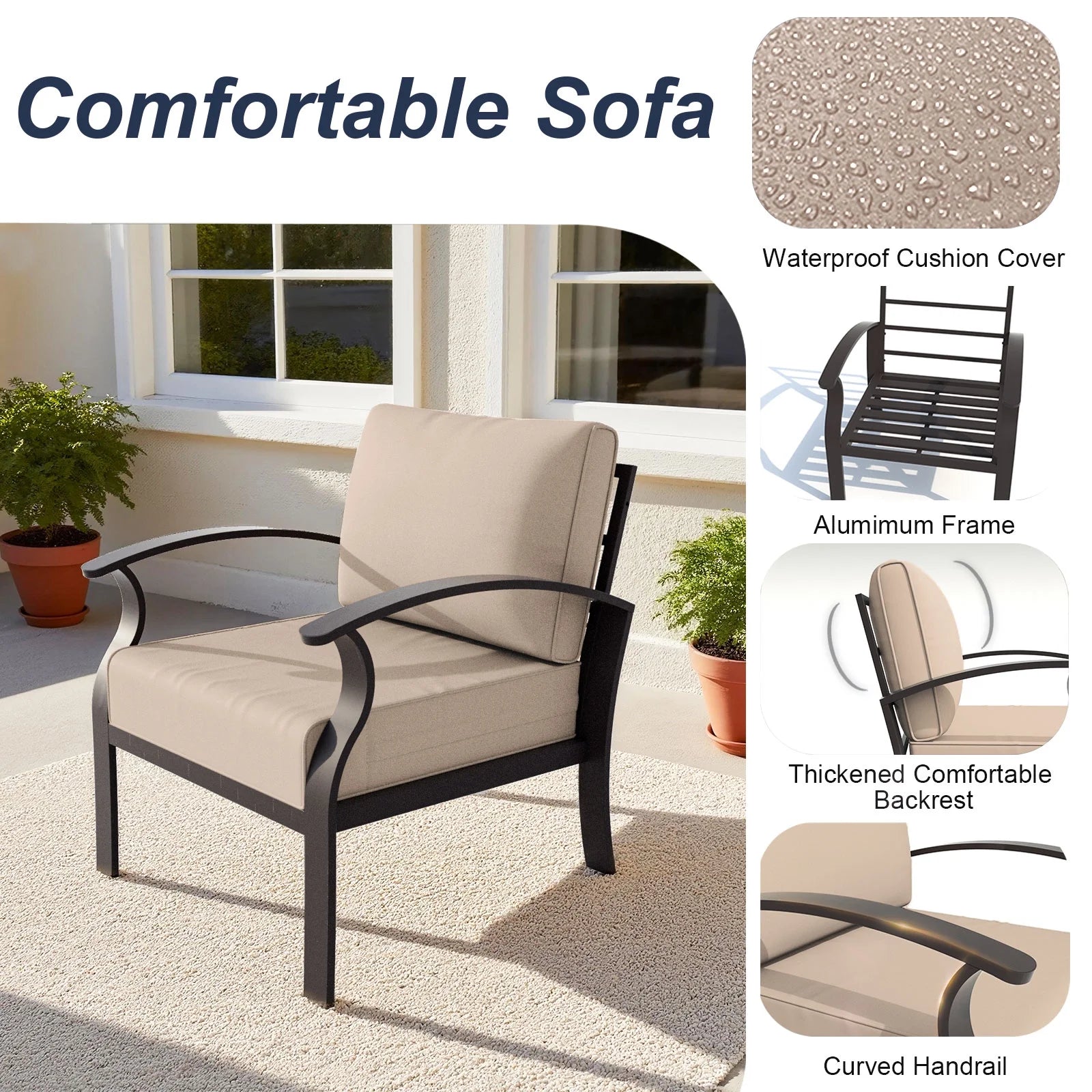 Aluminum 2-Seat Patio Furniture Set, Outdoor Patio Conversation Set with 5.1" Cushions for Patio Backyard Poolside, Sand