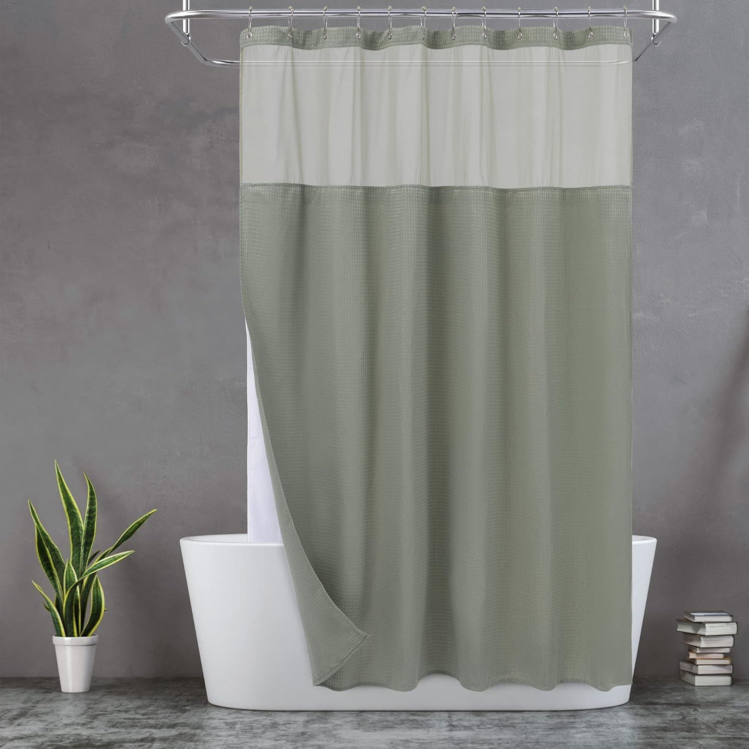 Waffle Weave Shower Curtain with Snap-In Fabric Liner & Hooks Set - Hotel Style, Waterproof & Washable, Heavyweight Fabric & Mesh Top Window - 71X72, Sage Green