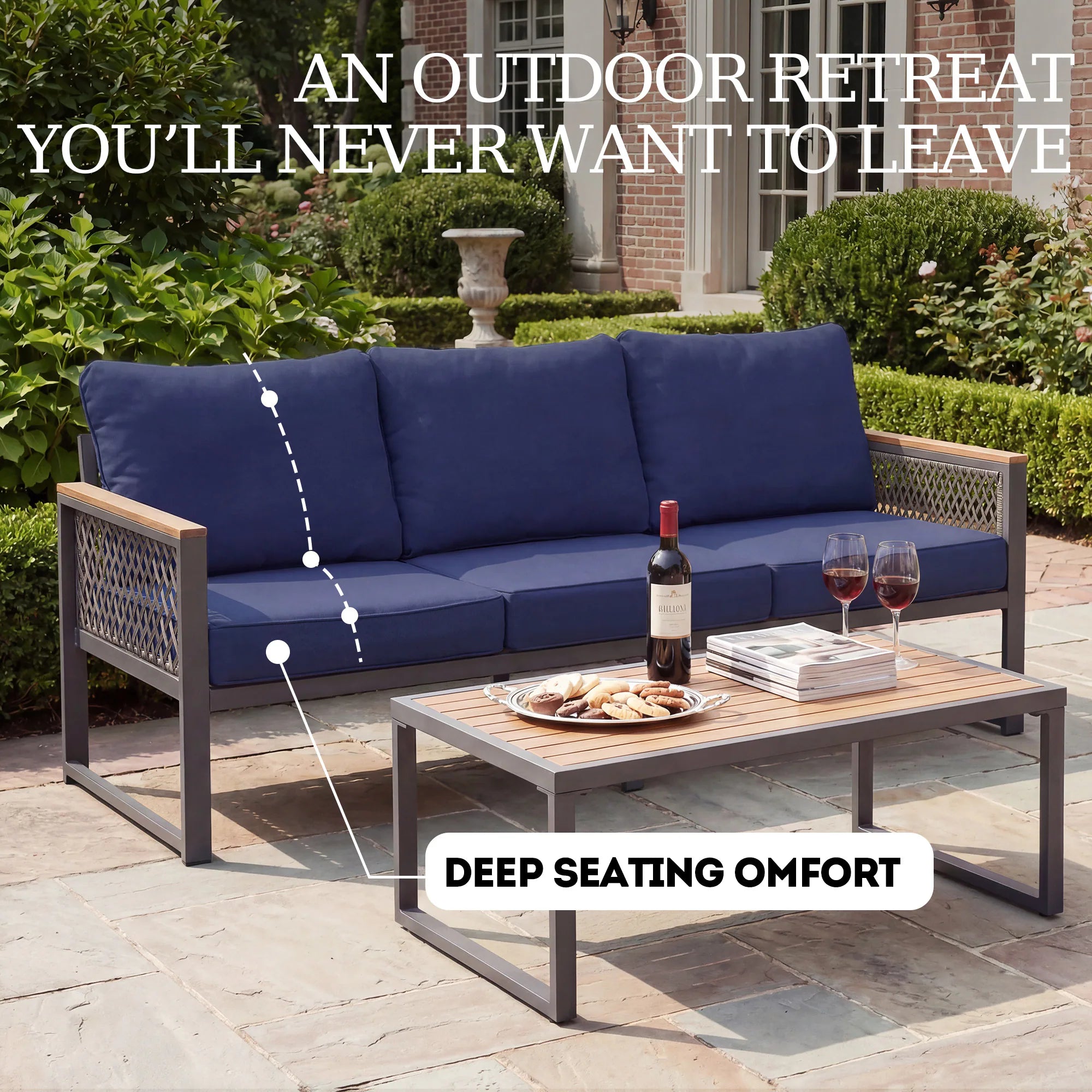 4 -Piece Patio Conversation Set with Blue Cushions