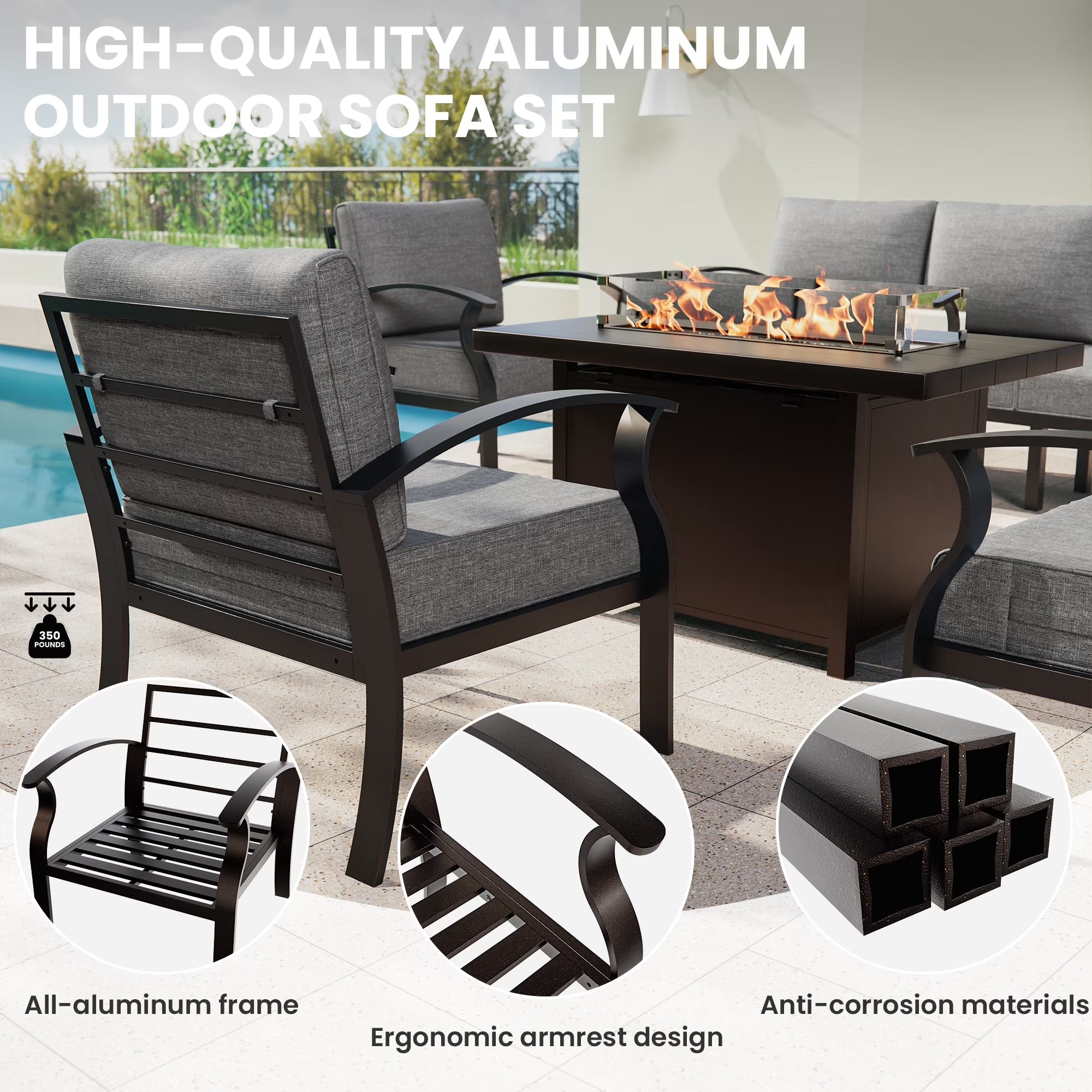 Aluminum 2-Seat Patio Furniture Set, Outdoor Patio Conversation Set with 5.1" Cushions for Patio Backyard Poolside, Gray