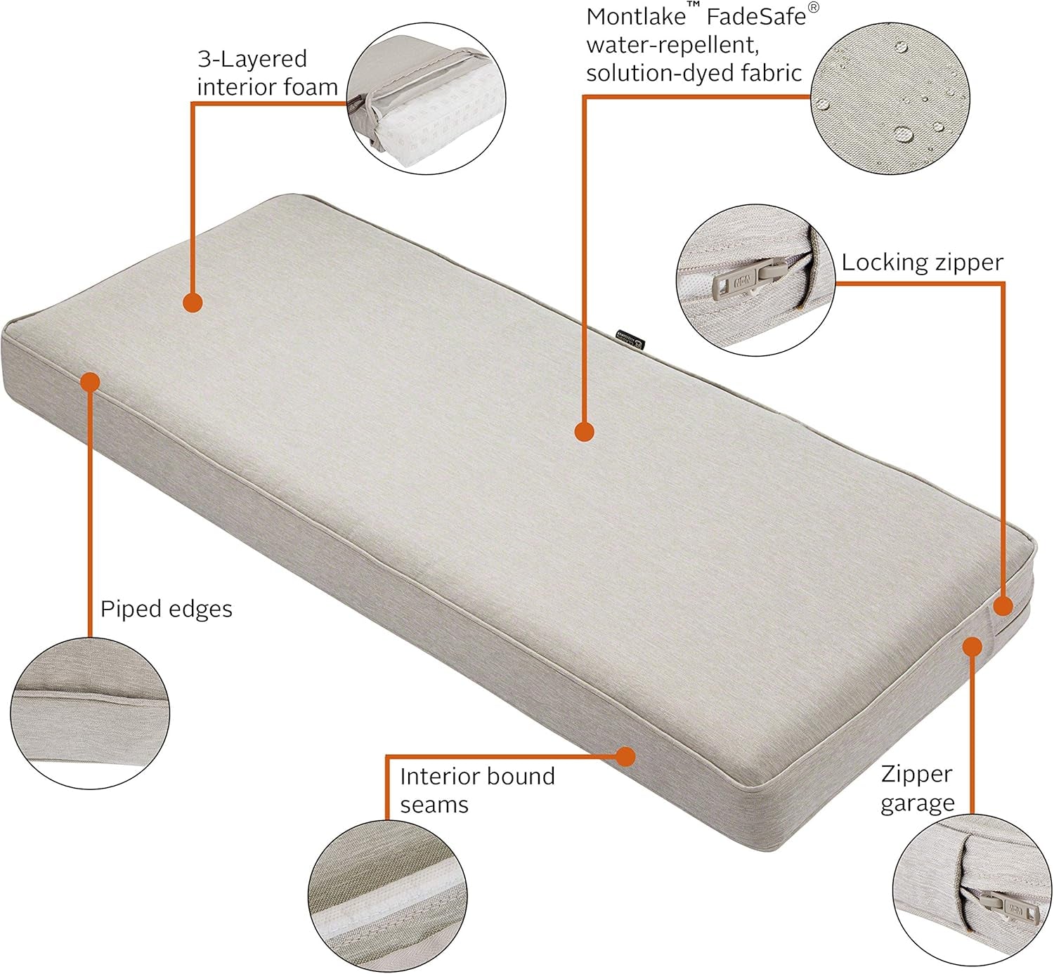62-045-HGREY-EC Montlake Fadesafe Water-Repellent 59 X 18 X 3 Inch Outdoor Bench Cushion, Heather Grey
