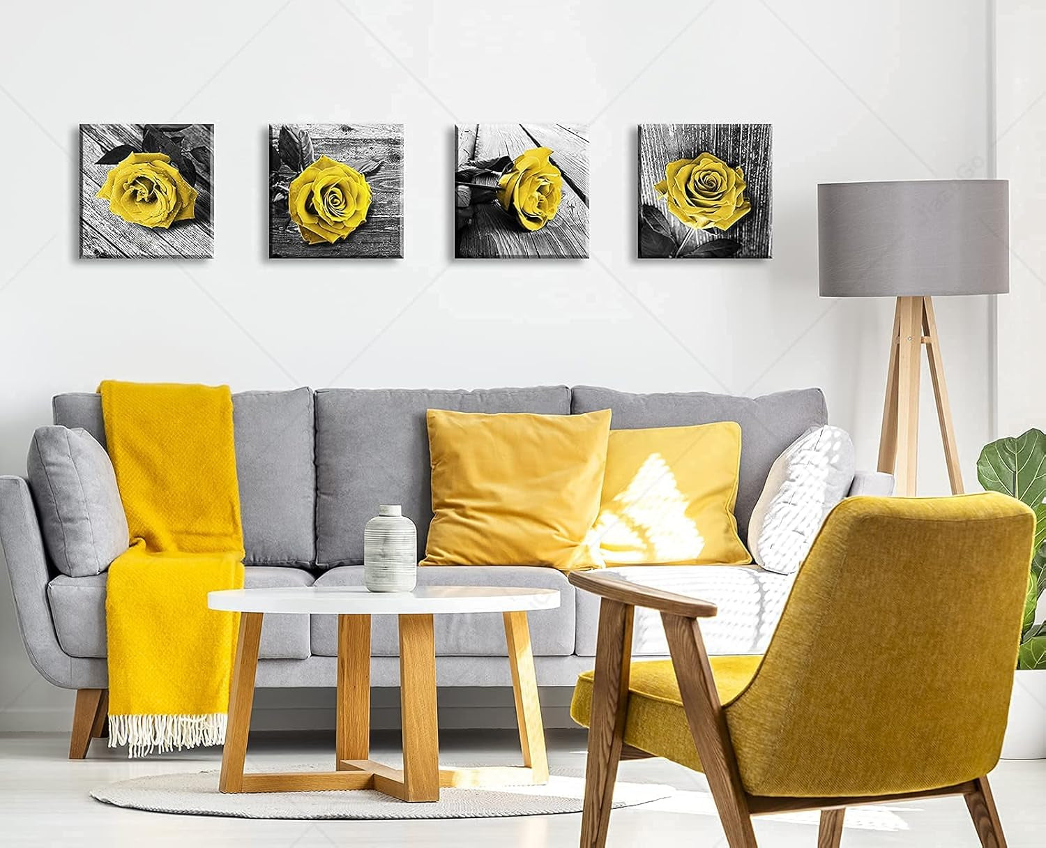 Framed Floral Wall Art Set of 4 - Yellow and Grey Rose Canvas Prints, Aesthetic Bedroom & Bathroom Decor, Rose Flower Framed Decor for Home Living Room