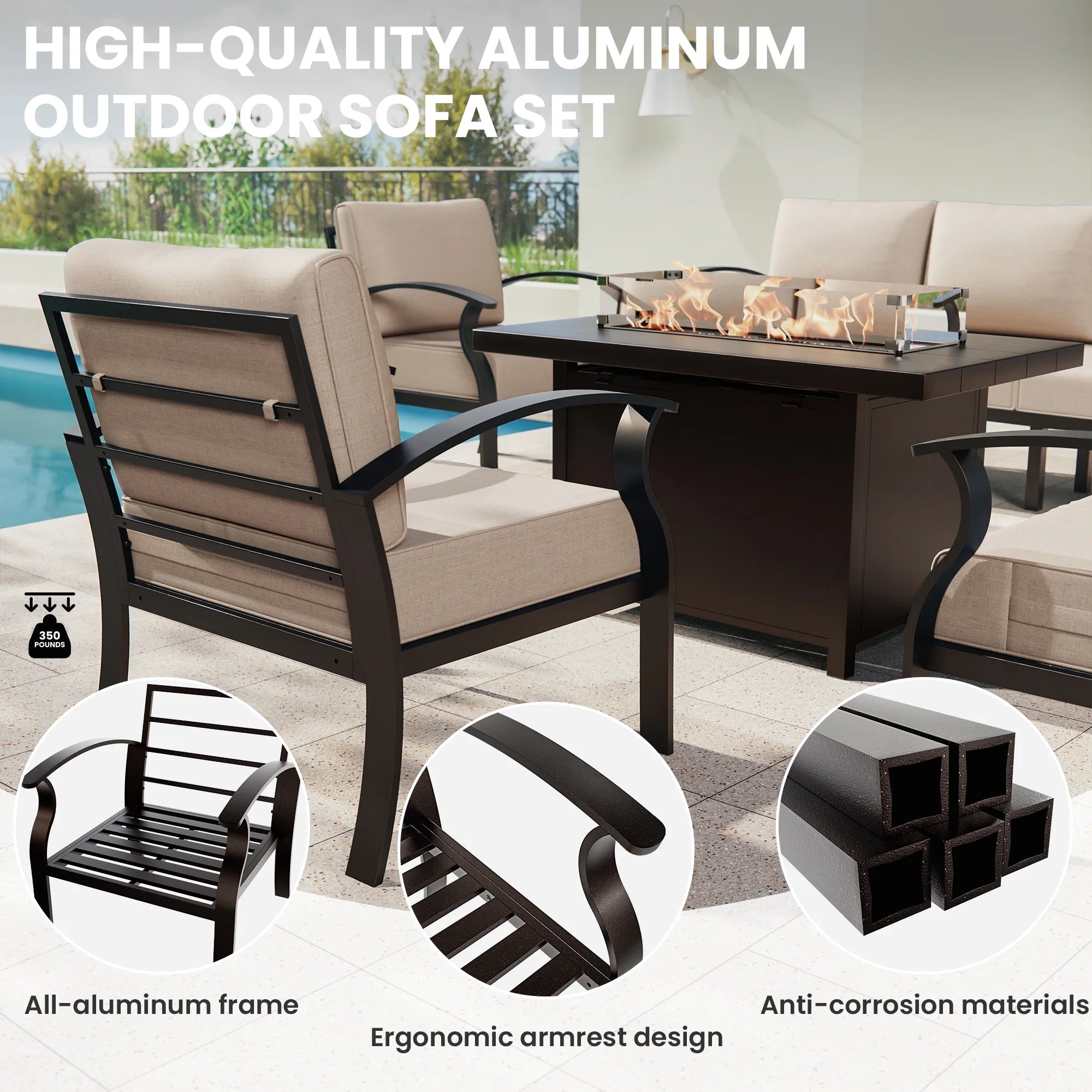 Aluminum 2-Seat Patio Furniture Set, Outdoor Patio Conversation Set with 5.1" Cushions for Patio Backyard Poolside, Sand