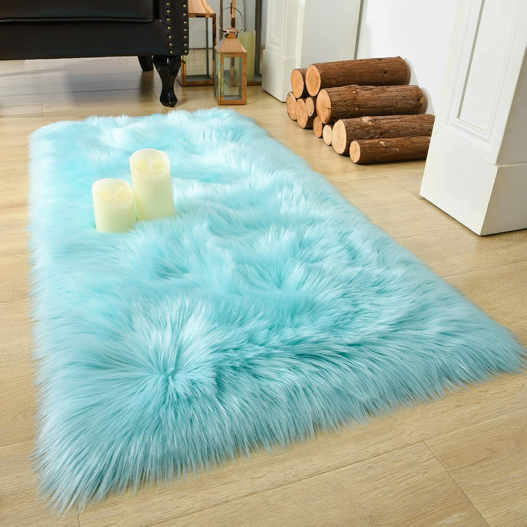 Soft Fluffy Faux Fur Rugs for Bedroom Bedside Rug 2X4 Feet, Washable, Furry Sheepskin Area Rug for Living Room Girls Room, Luxury Shag Carpet Home Decor, Blue