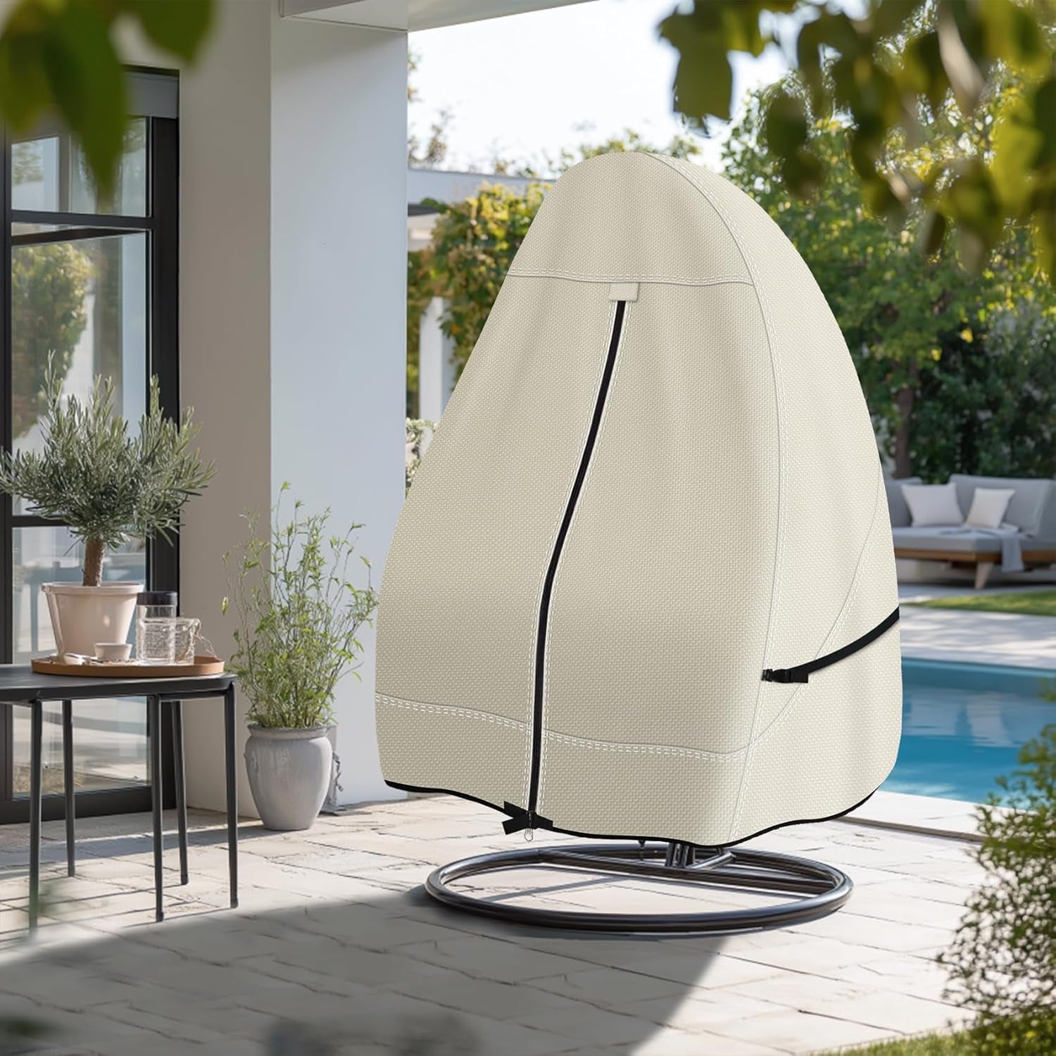 Patio Hanging Egg Chair Cover -600D Waterproof Outdoor Single Seat Wicker Swing Egg Chair with Stand Protector, Beige