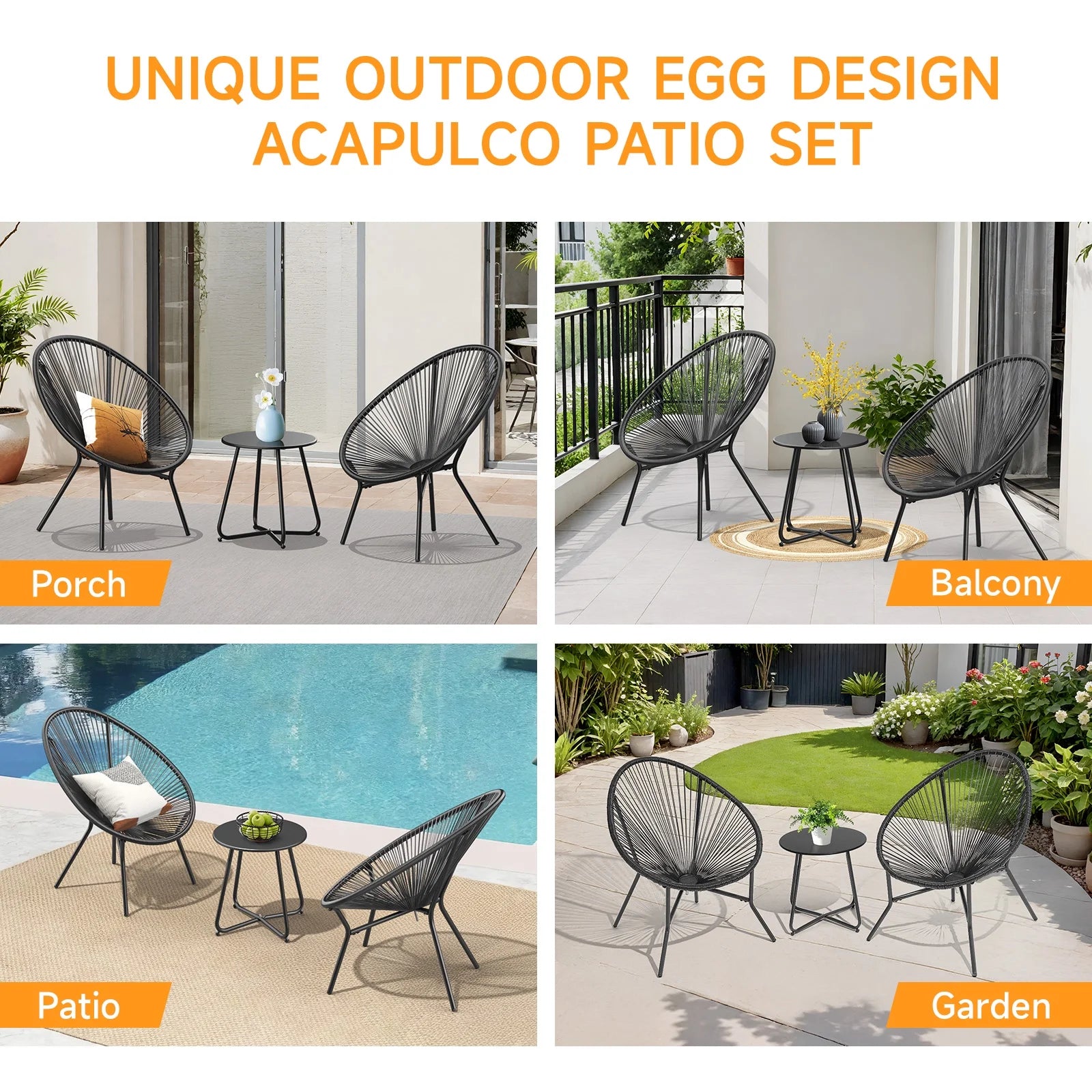 3 Piece Patio Acapulco Furniture Bistro Set, Outdoor Bistro Set Acapulco Chairs All-Weather Rattan Wicker Chairs with Plastic Rope and Coffee Table, Black