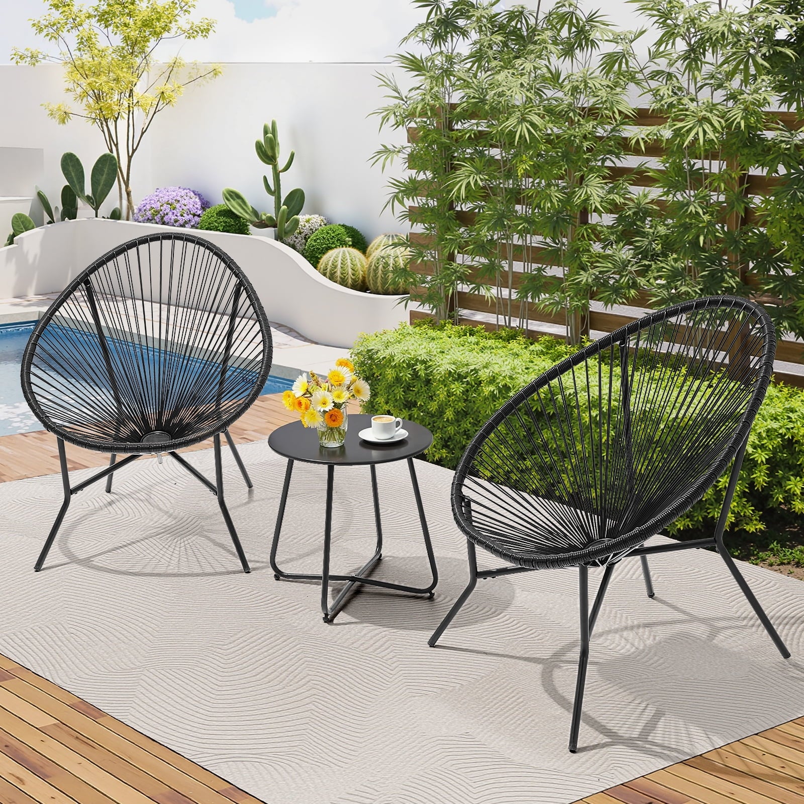3 Piece Patio Acapulco Furniture Bistro Set, Outdoor Bistro Set Acapulco Chairs All-Weather Rattan Wicker Chairs with Plastic Rope and Coffee Table, Black