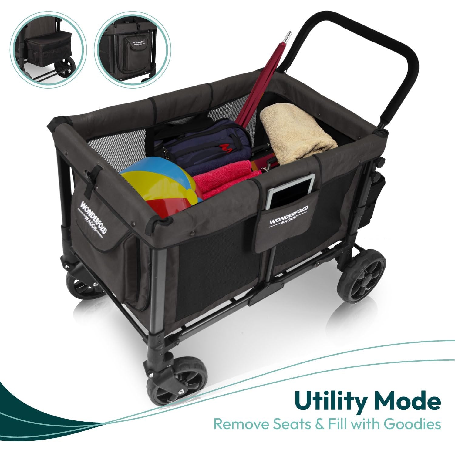 W4 Original Stroller Wagon - Foldable Wagon with 5 Point Harness - Adjustable Canopy & Deep Carriage - All-Terrain Wheels - for Babies, Toddlers & Kids - 4 Seater - Black