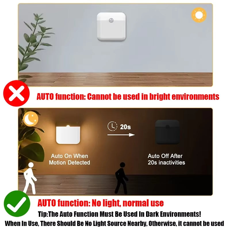 PIR Motion Sensor LED Night Light USB Rechargeable Withswitch Night Lamp for Bedroom Kitchen Cabinet Light Wireless Closet Light