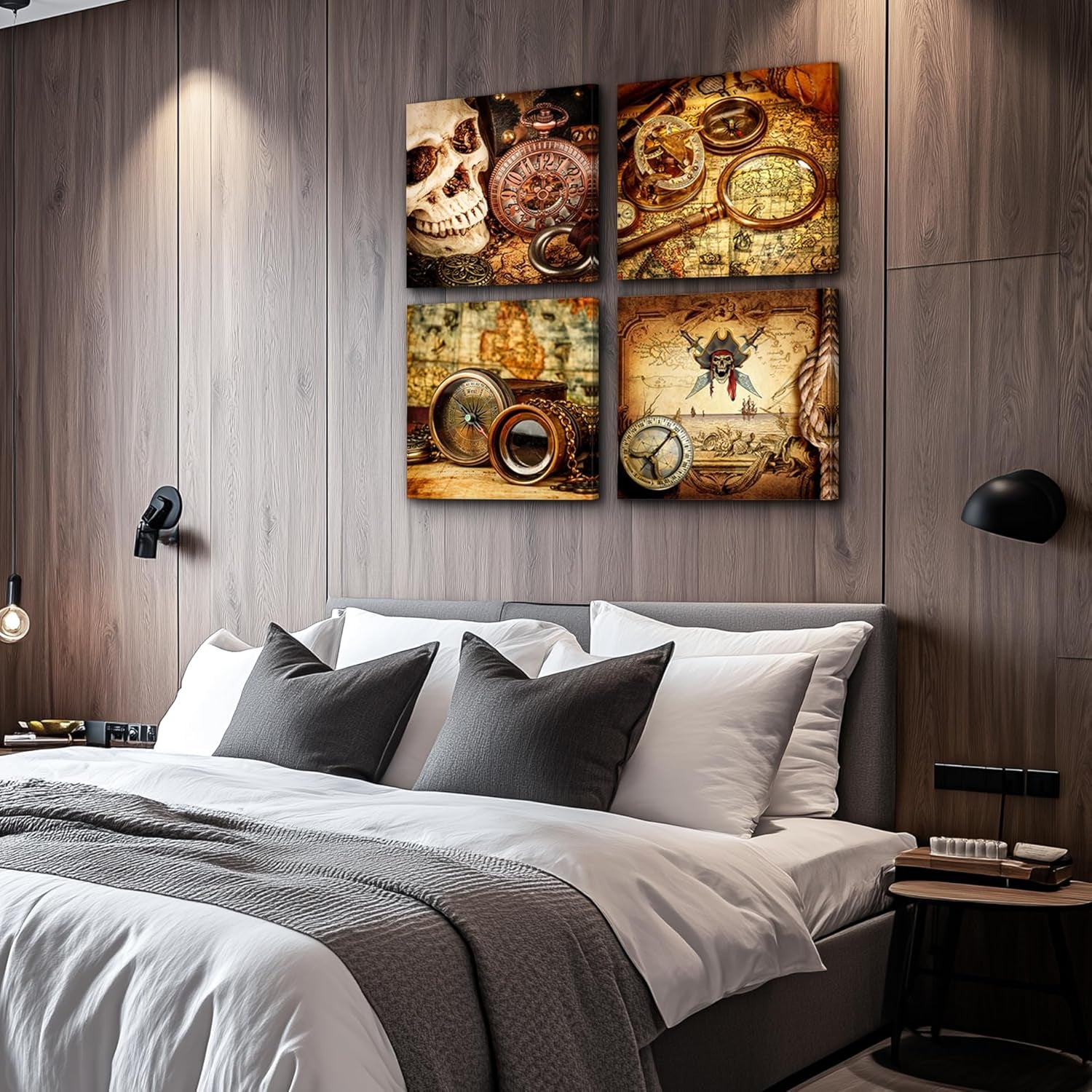 Canvas Wall Art for Living Room Office Wall Decor Painting Bedroom Decoration Pirate Ship Compass Framed Pictures Restoring Ancient Ways Prints Artwork Dormitory Room Home Decor 4 Piece