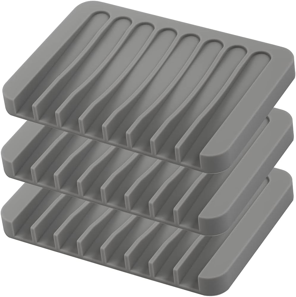 3PCS Self Draining Soap Holder, Premium Silicone Soap Dish, Soap Saver for Shower, Bathroom, Kitchen, Bath Tub, Sponges, Keep Soaps Bars Dry Clean, Easy Clean, Extend Soaps Life (Grey)
