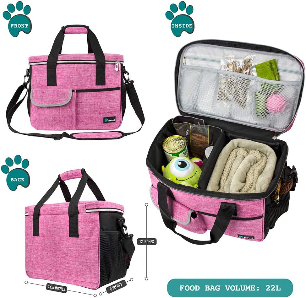 Dog Travel Bag Organizer, Pet Travel Kit with 2 Food Containers & 2 Collapsible Dog Bowls, Pet Supplies Tote with Luggage Sleeve, Weekend Road Trip Camping Essentials, Pink, Medium