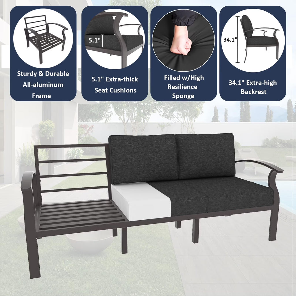Aluminum 3-Seat Patio Furniture Set, Outdoor Patio Conversation Set with 5.1" Cushions for Patio Backyard Poolside, Black