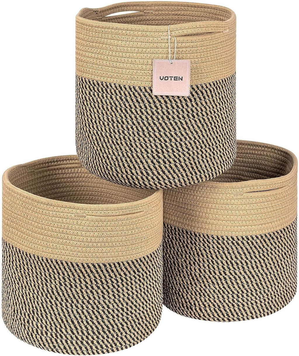 Storage Cubes Baskets Bins Organizer 11X11X11'' Fit 12X12''Cube Storage Organizer Bookcases Shelf,Durable Woven Cotton Storage Basket for Organizing,Round 3Pack Camel/Mixed Black