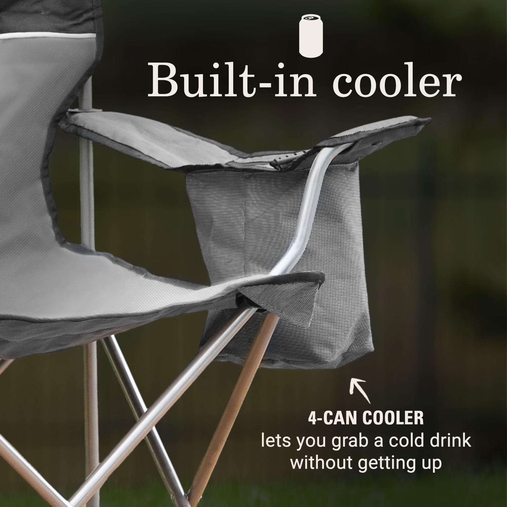 Portable Camping Chair with 4-Can Cooler, Cushioned Seat & Back with Side Pockets & Cup Holder, Carry Bag Included, Great for Camping, Tailgating, Firepits, Patio, & More