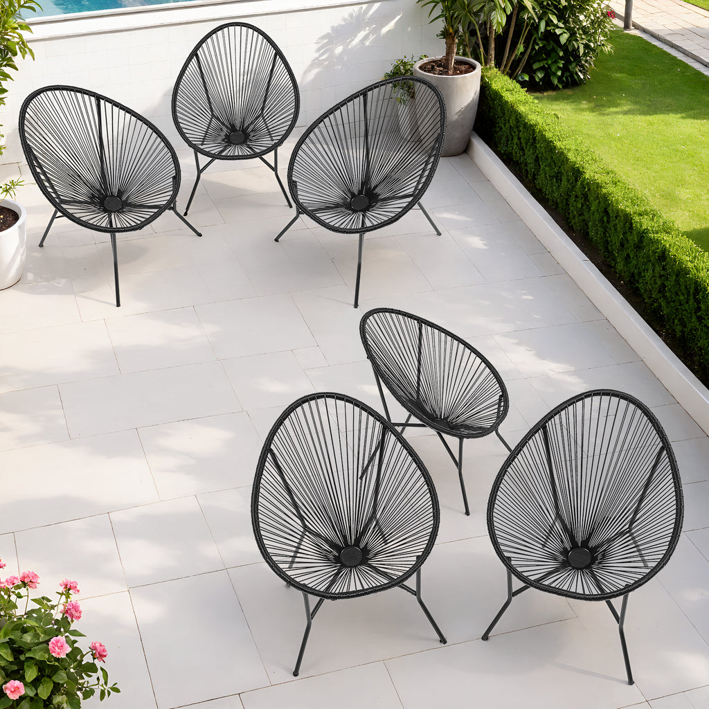 Acapulco Chair Set of 6, Outdoor Seating Patio Chairs Modern Wicker Bistro Chairs All-Weather Papasan Chair for Balcony Garden Backyard Porch Deck, Black