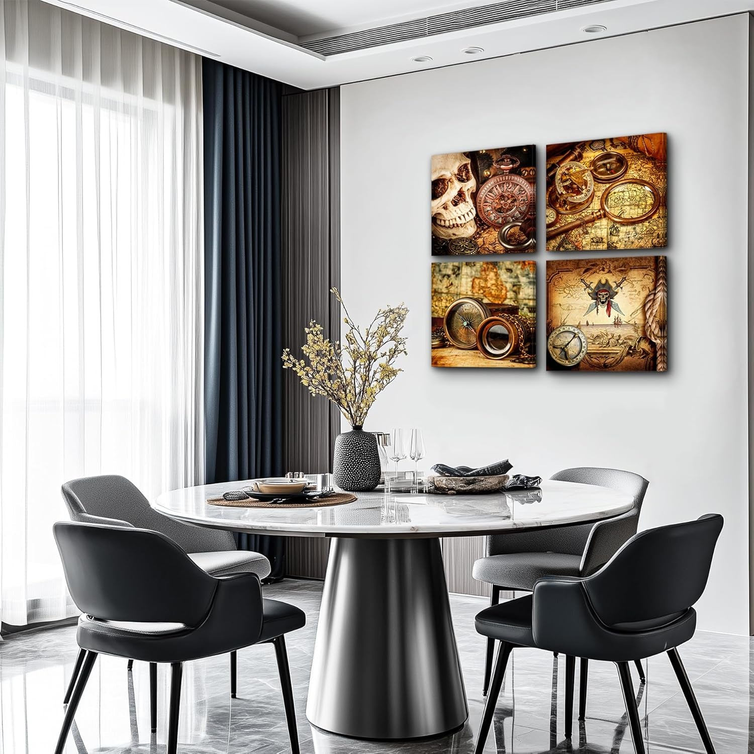 Canvas Wall Art for Living Room Office Wall Decor Painting Bedroom Decoration Pirate Ship Compass Framed Pictures Restoring Ancient Ways Prints Artwork Dormitory Room Home Decor 4 Piece