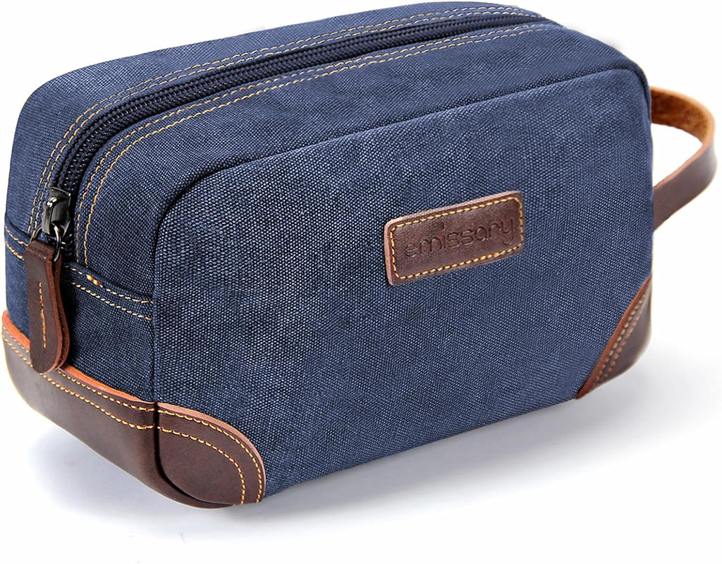 Men'S Toiletry Bag, Leather and Canvas Travel Toiletry Bag, Dopp Kit for Men, Travel Bathroom Bag Men'S Shaving Kit, Travel Kit Small Bags for Men, Shaving Bag for Travel Accessories (Blue)