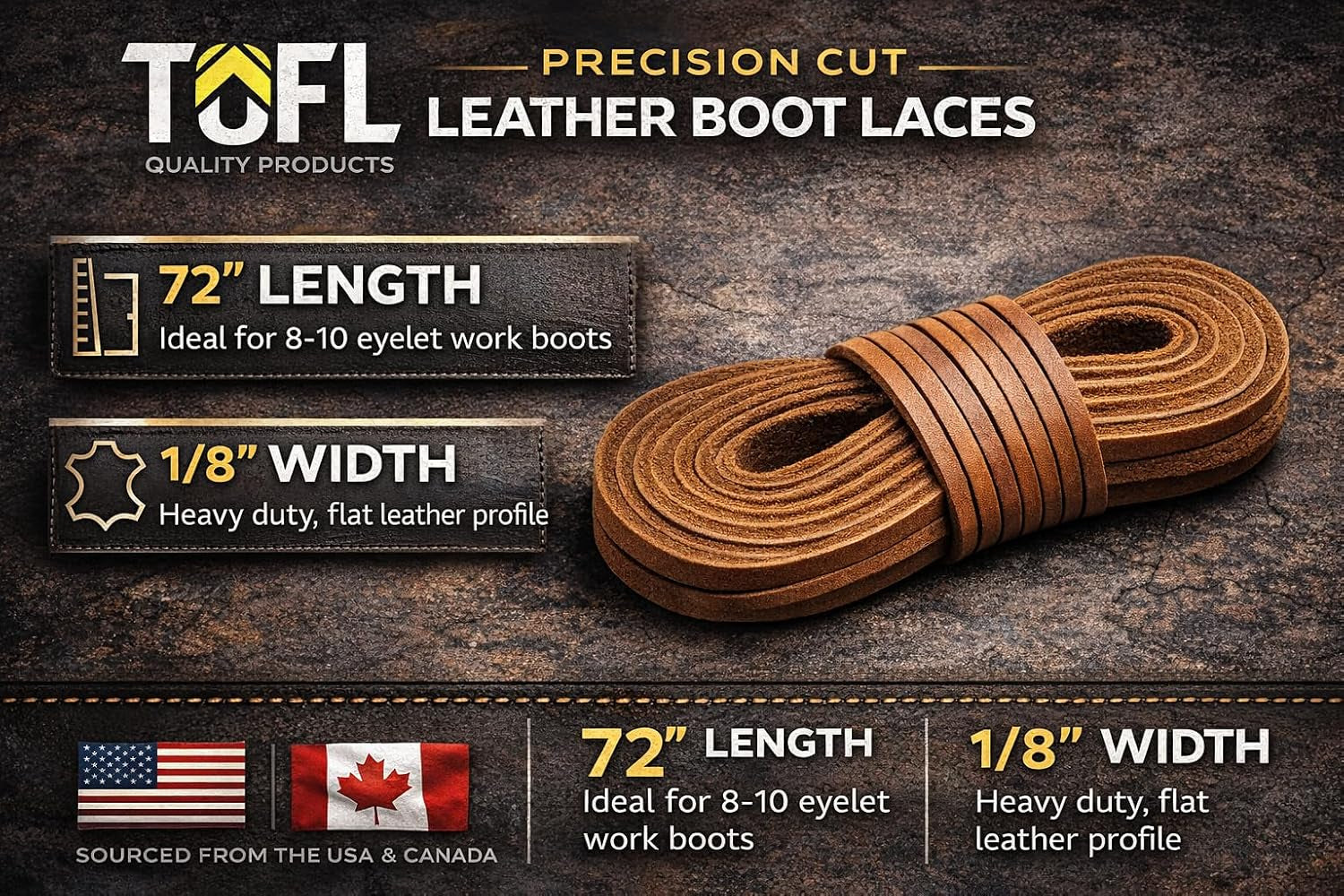 Leather Work Boot Laces - 72” | ⅛” Thick Cowhide | Shoelaces for Construction, Welding & Hiking Boots with 8-10 Eyelets